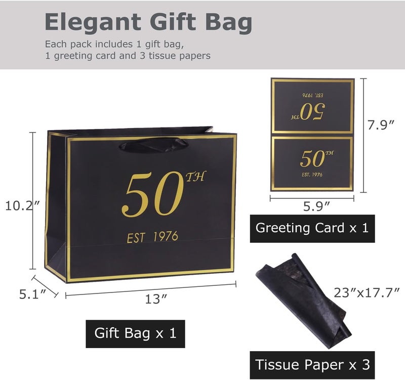 50th Birthday Gift Bag with Card and Tissue Paper - Elegant Black Gold Design for Men and Women - Image 2