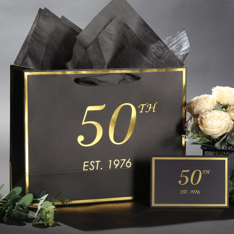 50th Birthday Gift Bag with Card and Tissue Paper - Elegant Black Gold Design for Men and Women - Image 5