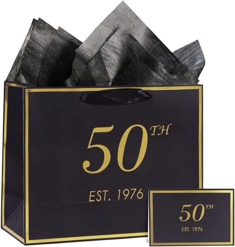 50th Birthday Gift Bag with Card and Tissue Paper - Elegant Black Gold Design for Men and Women - Image 1