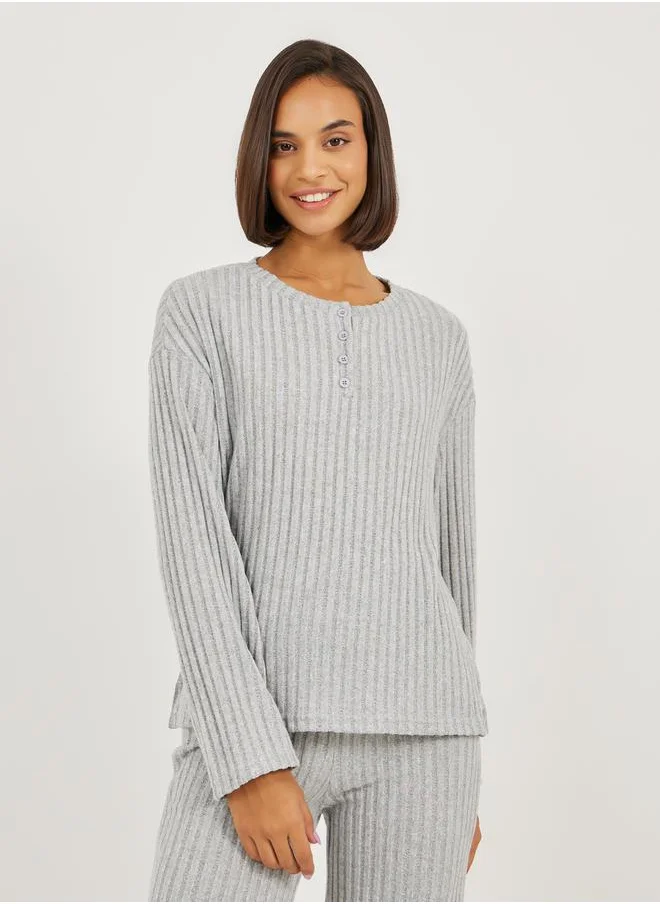 Styli Brushed Rib Placket Detail Drop Shoulder Top and Pyjama Set