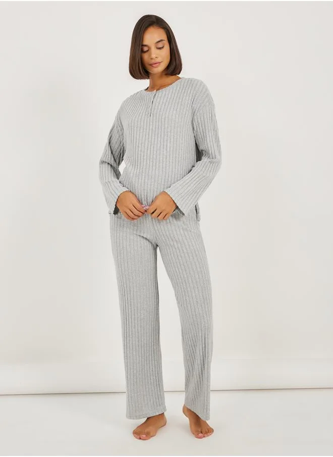 Styli Brushed Rib Placket Detail Drop Shoulder Top and Pyjama Set