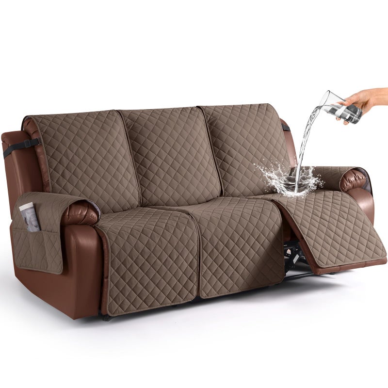 KinCam 100 Waterproof Recliner Couch Covers NonSlip Reclining Sofa Covers for 3 Seater Recliner Couch Cover Furniture Protector with Elastic Straps for Pets Kids Brown