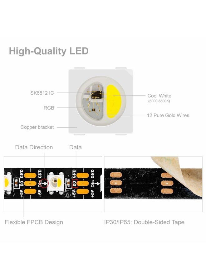 BTF-LIGHTING RGBW RGB+Cool White SK6812 (Similar WS2812B) Individually Addressable 16.4ft 60LEDs/Pixels/m Flexible 4 Colors in 1 LED Dream Color LED Strip IP30 Non-Waterproof DC5V Black PCB - Image 3