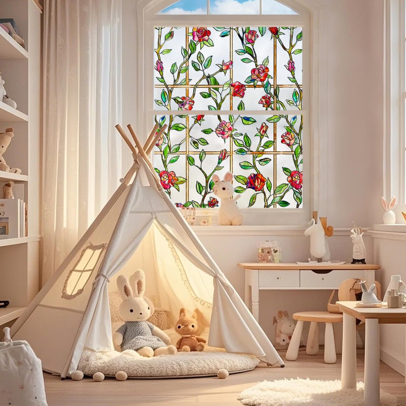 Windimiley Stained Glass Window Film, 3D Rose Floral Decorative Window Covering, Light Diffusing Privacy Static Cling Film for Bathroom Living Room, UV Protection, Non Adhesive (16.9 x 39.4 in, Red) - Image 3