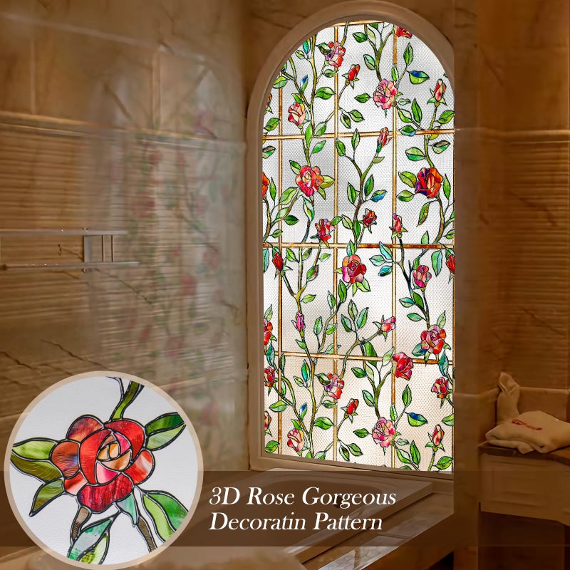 Windimiley Stained Glass Window Film, 3D Rose Floral Decorative Window Covering, Light Diffusing Privacy Static Cling Film for Bathroom Living Room, UV Protection, Non Adhesive (16.9 x 39.4 in, Red) - Image 2