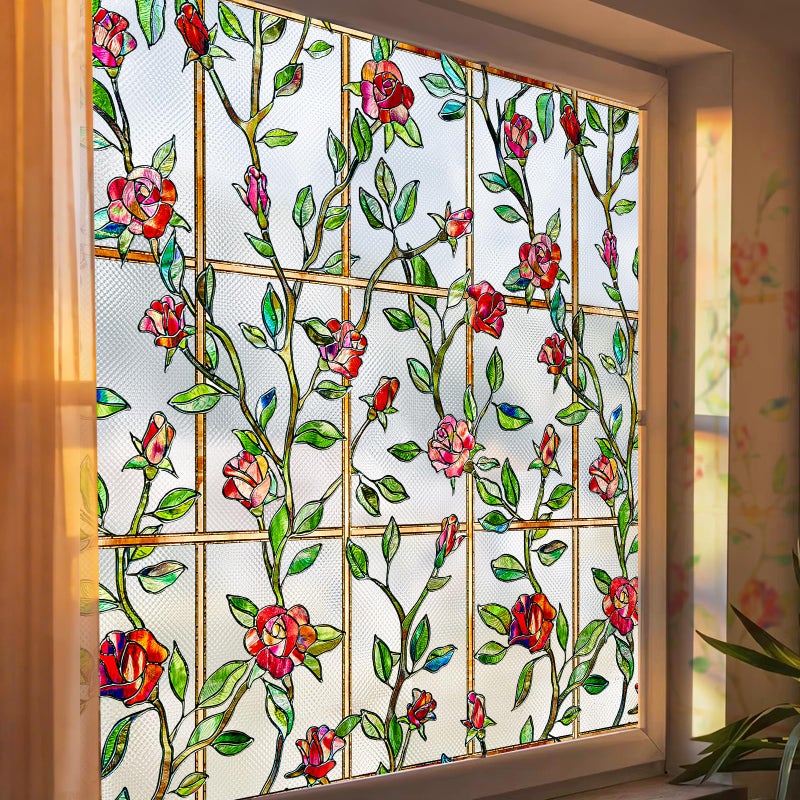 Windimiley Stained Glass Window Film, 3D Rose Floral Decorative Window Covering, Light Diffusing Privacy Static Cling Film for Bathroom Living Room, UV Protection, Non Adhesive (16.9 x 39.4 in, Red) - Image 1