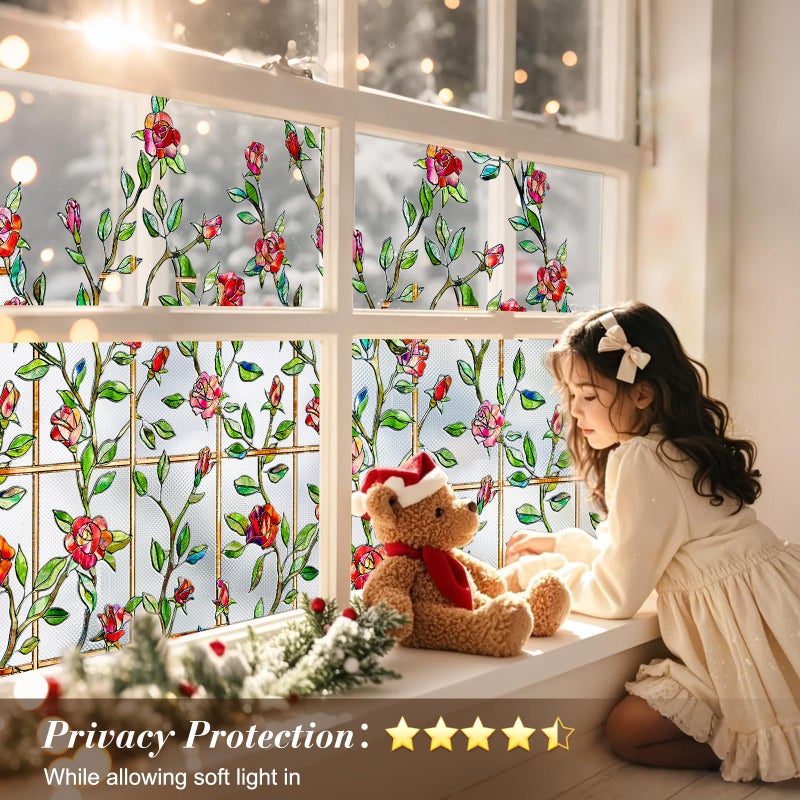 Windimiley Stained Glass Window Film, 3D Rose Floral Decorative Window Covering, Light Diffusing Privacy Static Cling Film for Bathroom Living Room, UV Protection, Non Adhesive (16.9 x 39.4 in, Red) - Image 5