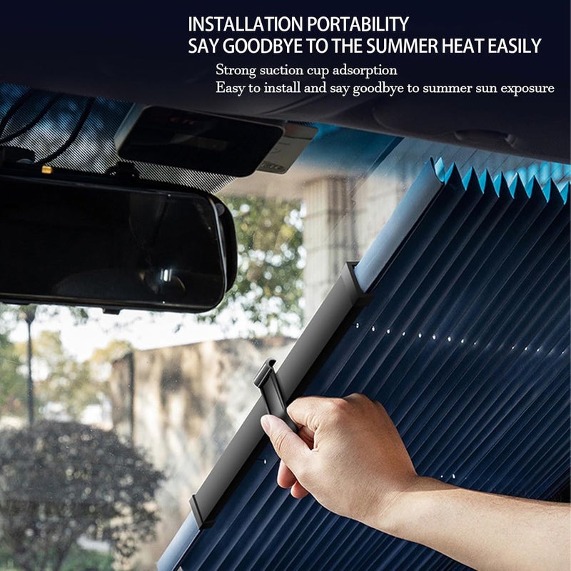LINJIE Retractable Windshield Sun Shade for Car, 28 inches Large Foldable Sun Visor Protector, Blocks 99% UV Rays and Heat, Auto Sunshade Fits Front Rear Window with Double Suction Cups, Black - Image 3