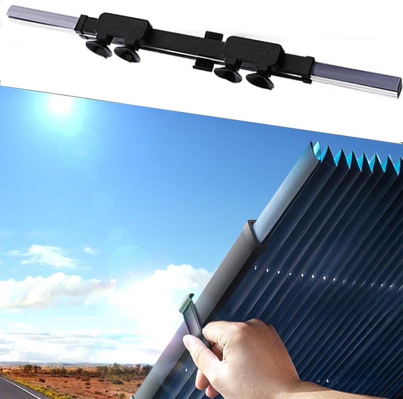 LINJIE Retractable Windshield Sun Shade for Car, 28 inches Large Foldable Sun Visor Protector, Blocks 99% UV Rays and Heat, Auto Sunshade Fits Front Rear Window with Double Suction Cups, Black - Image 1