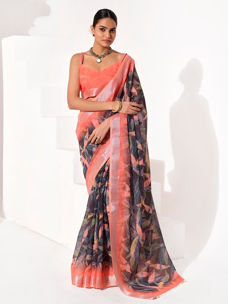 Kalaanj Women Multicolour Printed Bollywood Cotton Blend Saree, Multi Colour 5 - Image 2