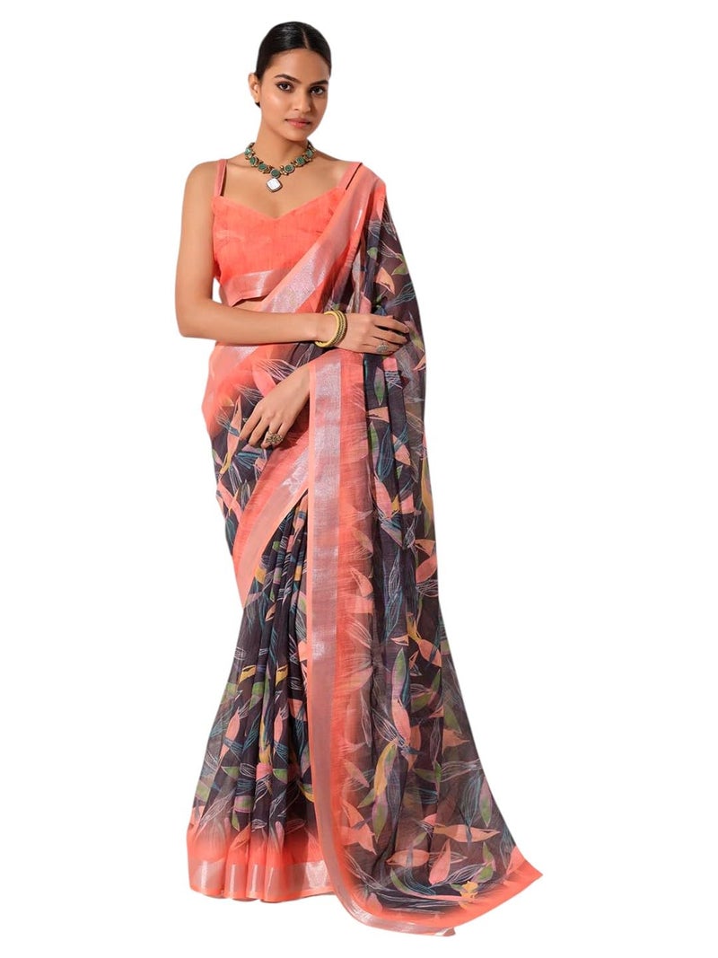 Kalaanj Women Multicolour Printed Bollywood Cotton Blend Saree, Multi Colour 5 - Image 1