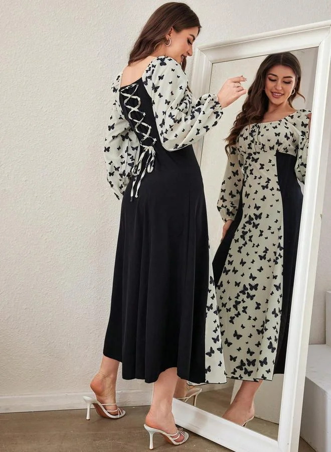 تايك تو فستان ميدي مزين بطبعة فراشات وأكمام منفوخة