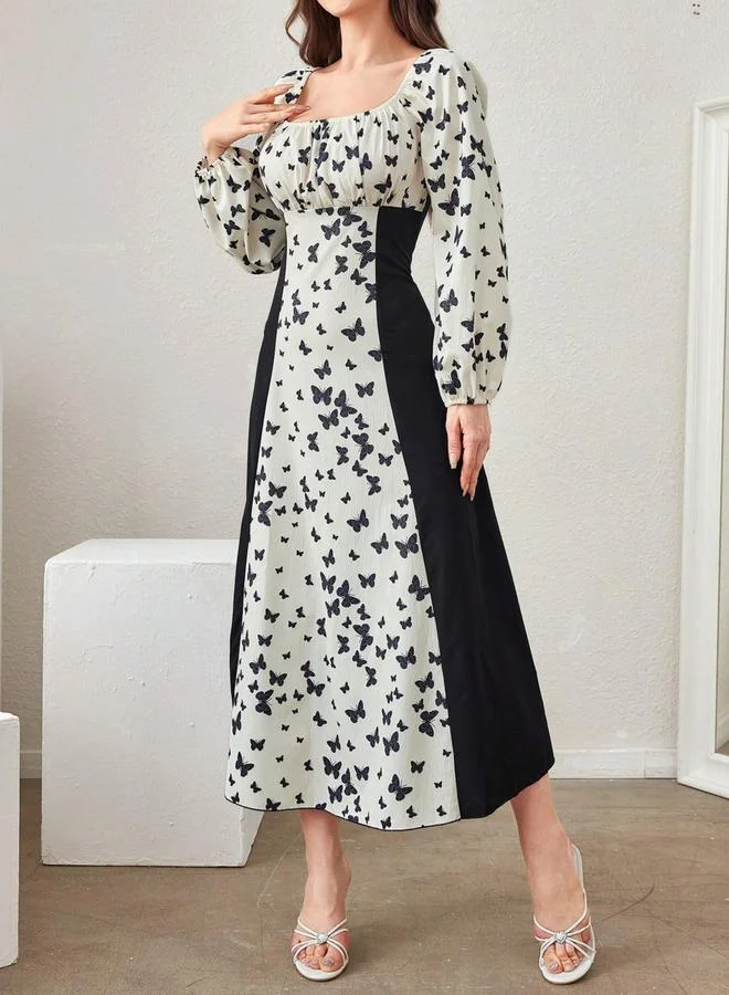 تايك تو فستان ميدي مزين بطبعة فراشات وأكمام منفوخة