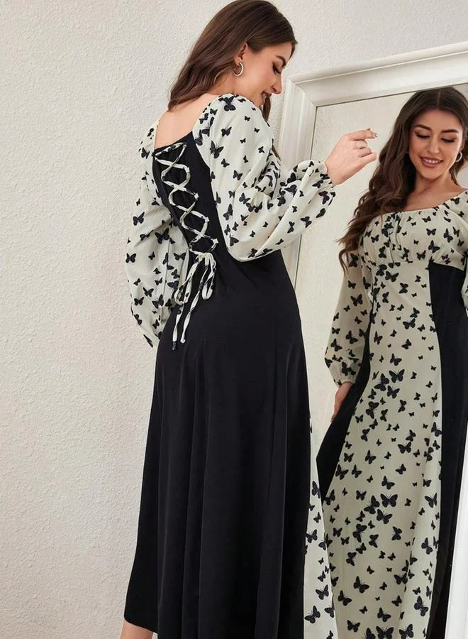 تايك تو فستان ميدي مزين بطبعة فراشات وأكمام منفوخة