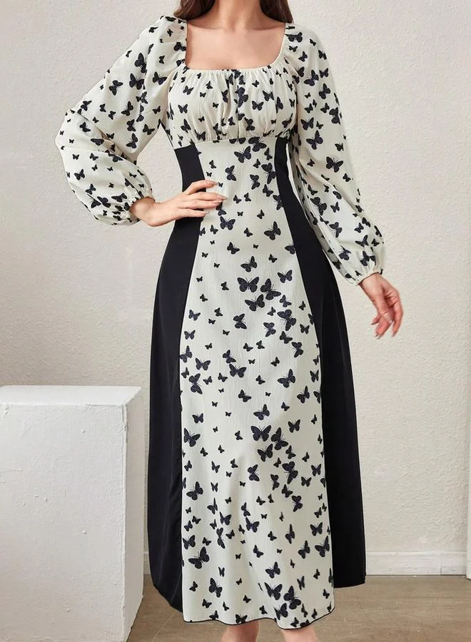 تايك تو فستان ميدي مزين بطبعة فراشات وأكمام منفوخة