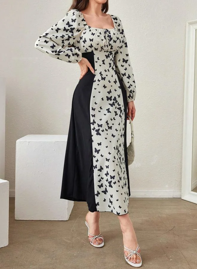 تايك تو فستان ميدي مزين بطبعة فراشات وأكمام منفوخة