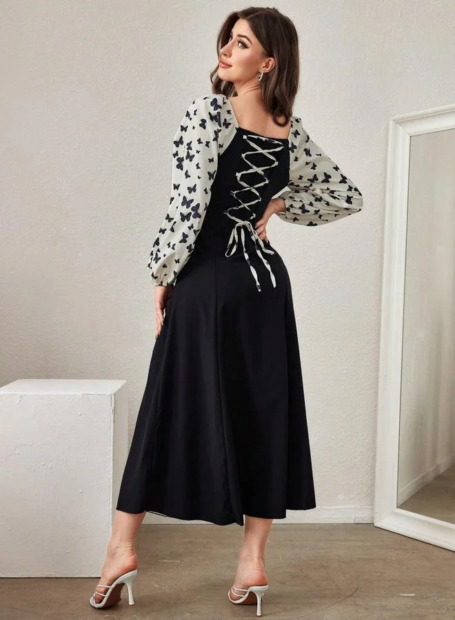 تايك تو فستان ميدي مزين بطبعة فراشات وأكمام منفوخة