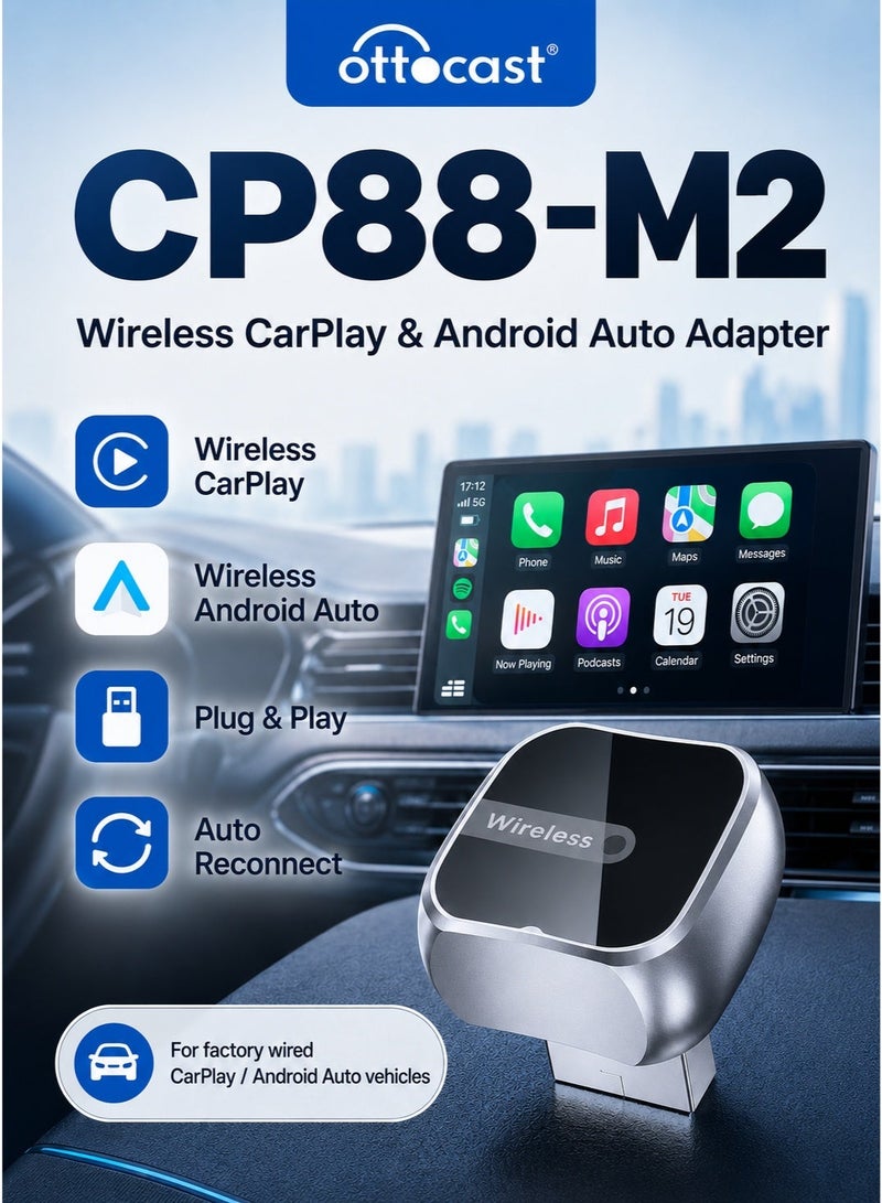 OTTOCAST CP88-M2 Wireless CarPlay & Android Auto Adapter for Factory Wired CarPlay Cars, Plug & Play USB Dongle, 5GHz WiFi, Auto Reconnect - Image 1