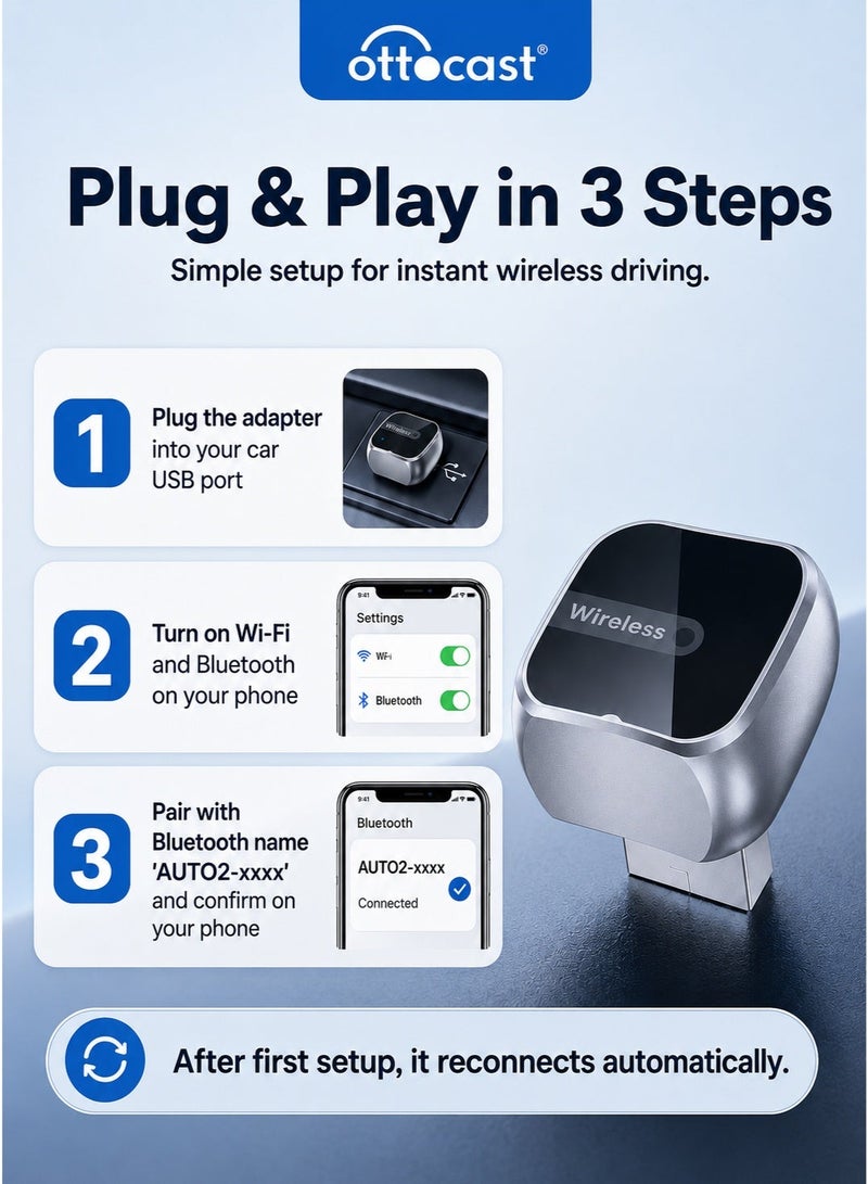OTTOCAST CP88-M2 Wireless CarPlay & Android Auto Adapter for Factory Wired CarPlay Cars, Plug & Play USB Dongle, 5GHz WiFi, Auto Reconnect - Image 4