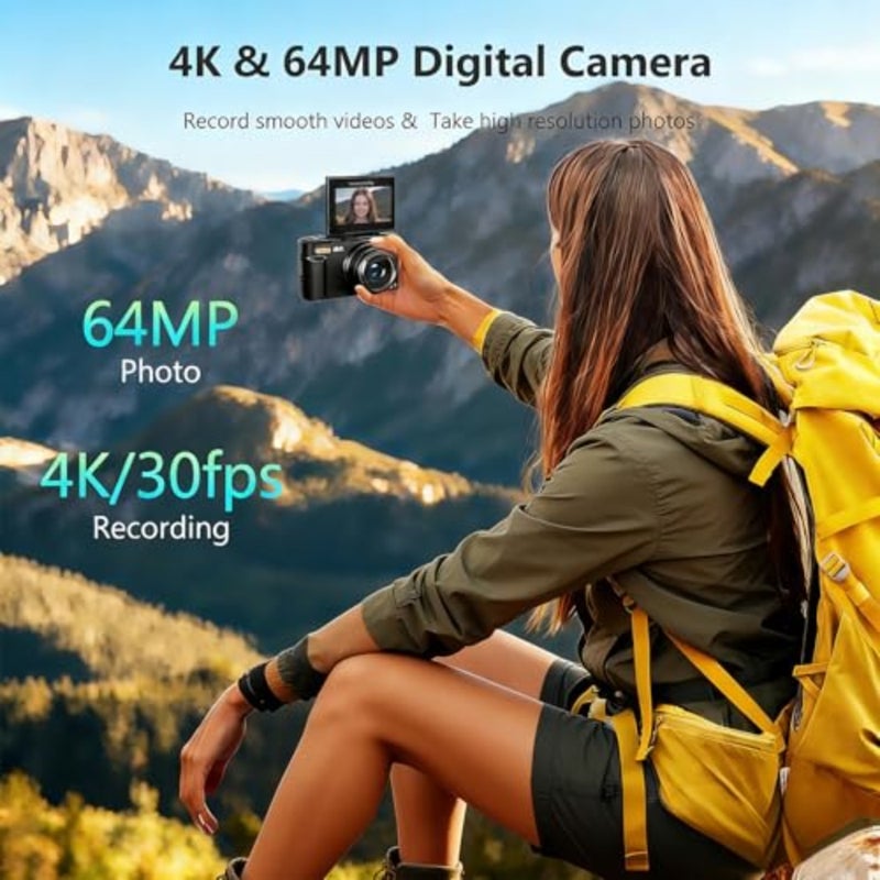 4K Digital Camera for Photography, 64MP Vlogging Camera for YouTube with 3" 180° Flip Screen, 18X Digital Zoom Point and Shoot Camara with 32GB Micro SD Card for Beginner Black - Image 2