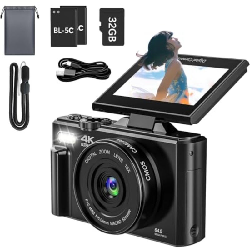 4K Digital Camera for Photography, 64MP Vlogging Camera for YouTube with 3" 180° Flip Screen, 18X Digital Zoom Point and Shoot Camara with 32GB Micro SD Card for Beginner Black - Image 1