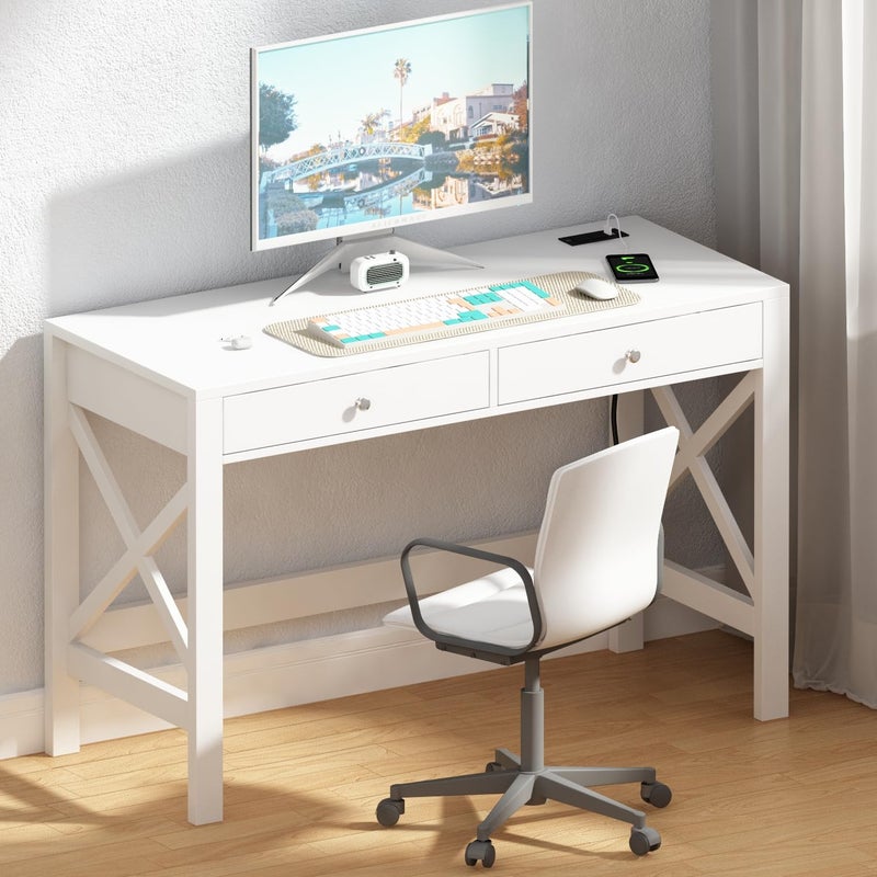 ChooChoo Computer Desk with USB Charging Ports and Power Outlets 39 White Desk with Drawers Small Study Writing Table with Stable X Frame for Home Office