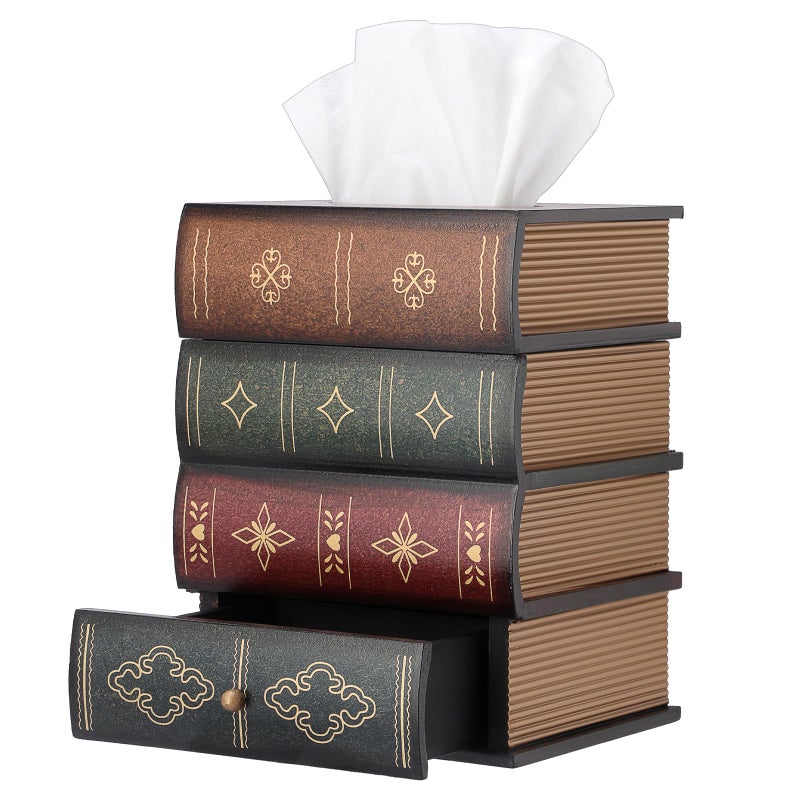 Hoowen Antique Wooden Book Tissue Holder with Storage Drawer, Square Tissue Box Cover Decorative Tissue Dispenser Case Retro Vintage Library Decor for Table Desk Bathroom Living Room Office - Image 1