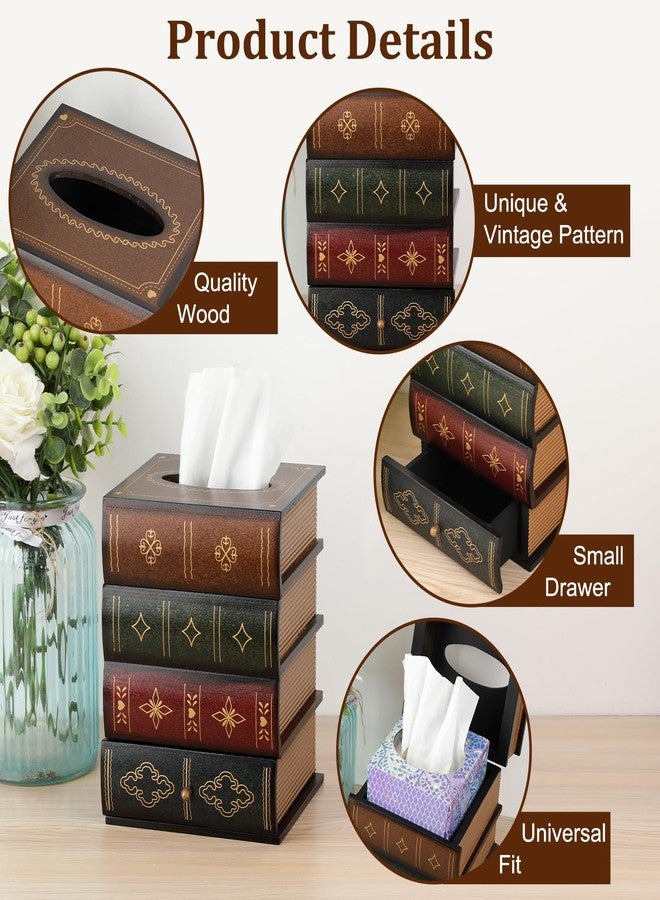 Hoowen Antique Wooden Book Tissue Holder with Storage Drawer, Square Tissue Box Cover Decorative Tissue Dispenser Case Retro Vintage Library Decor for Table Desk Bathroom Living Room Office - Image 5