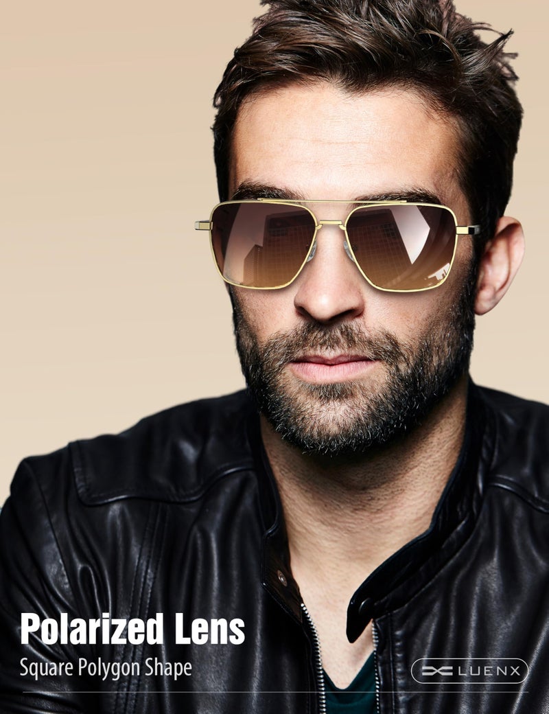 LUENX Aviator Sunglasses for Men Women Polarizedï¼ŒSquare Polygon Gradient Brown Lens Gold Metal Frame 58MM - Image 2