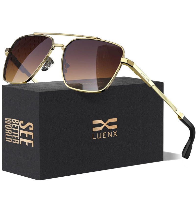 LUENX Aviator Sunglasses for Men Women Polarizedï¼ŒSquare Polygon Gradient Brown Lens Gold Metal Frame 58MM - Image 1