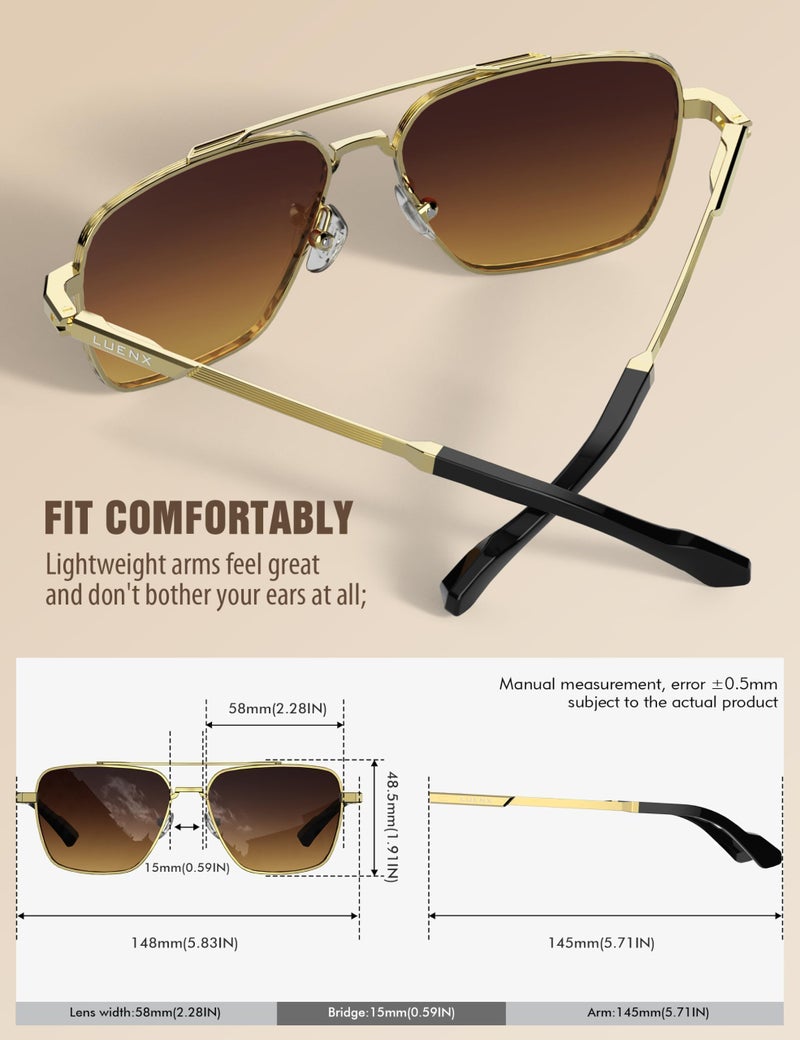 LUENX Aviator Sunglasses for Men Women Polarizedï¼ŒSquare Polygon Gradient Brown Lens Gold Metal Frame 58MM - Image 3