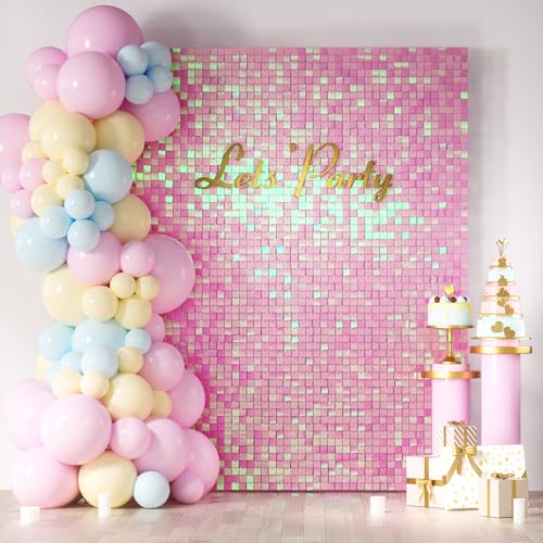 COKAOBE Iridescent Pink Shimmer Wall Backdrop, 24PCS Square Sequin Shimmer Backdrop Panel, Photo Backdrops for Birthday, Anniversary, Wedding, Graduation & Bachelorette Party Decoration - Image 1