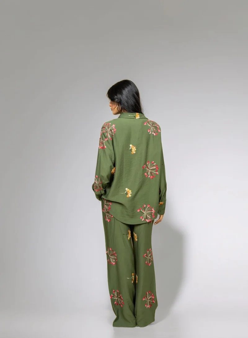 Bond Olive Green Olive Green Floral Embroidered Shirt & Pants Set for Women | Best Price UAE