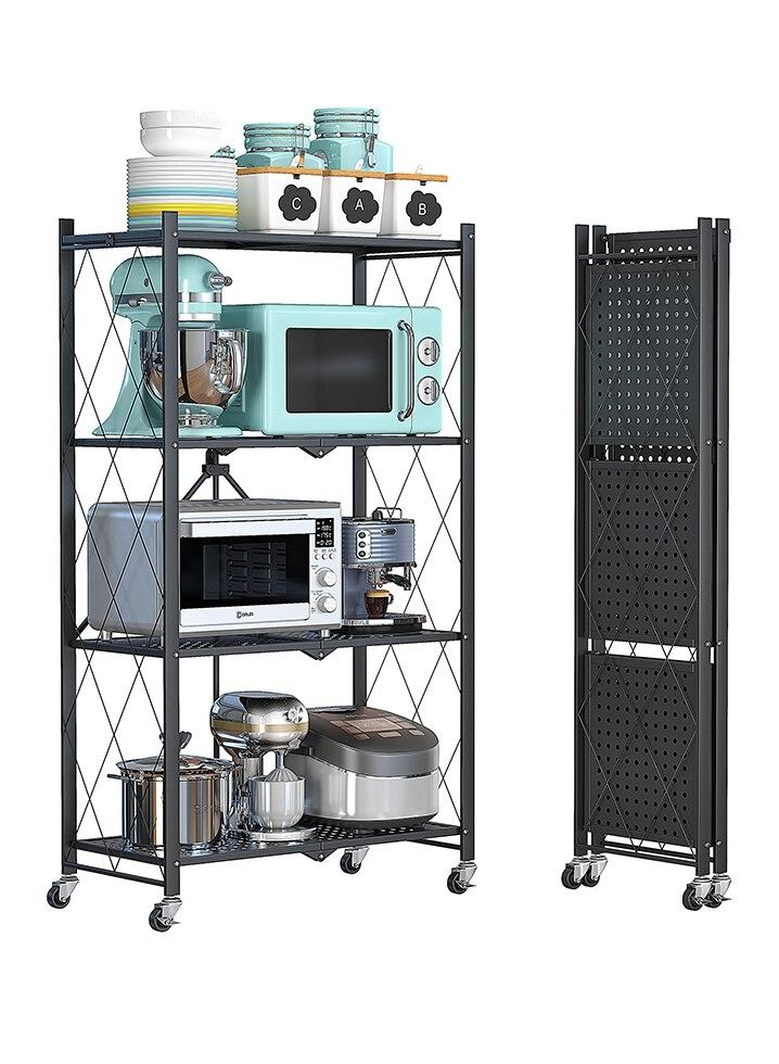 DubaiGallery وحدة رفوف تخزين قابلة للطي من 4 طبقات، رف تخزين معدني مع عجلات، رف عرض تخزين معدني للمرآب، خزانة غسيل المطبخ، رف أسود من 4 طبقات - Image 1