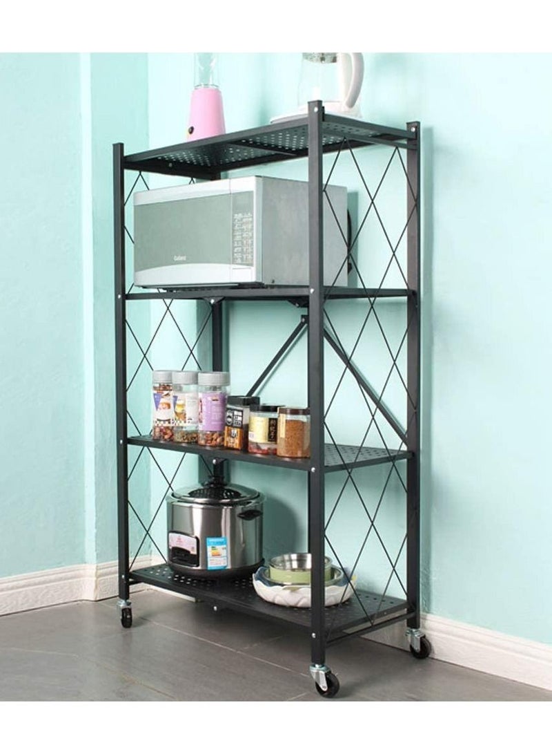 DubaiGallery وحدة رفوف تخزين قابلة للطي من 4 طبقات، رف تخزين معدني مع عجلات، رف عرض تخزين معدني للمرآب، خزانة غسيل المطبخ، رف أسود من 4 طبقات - Image 2