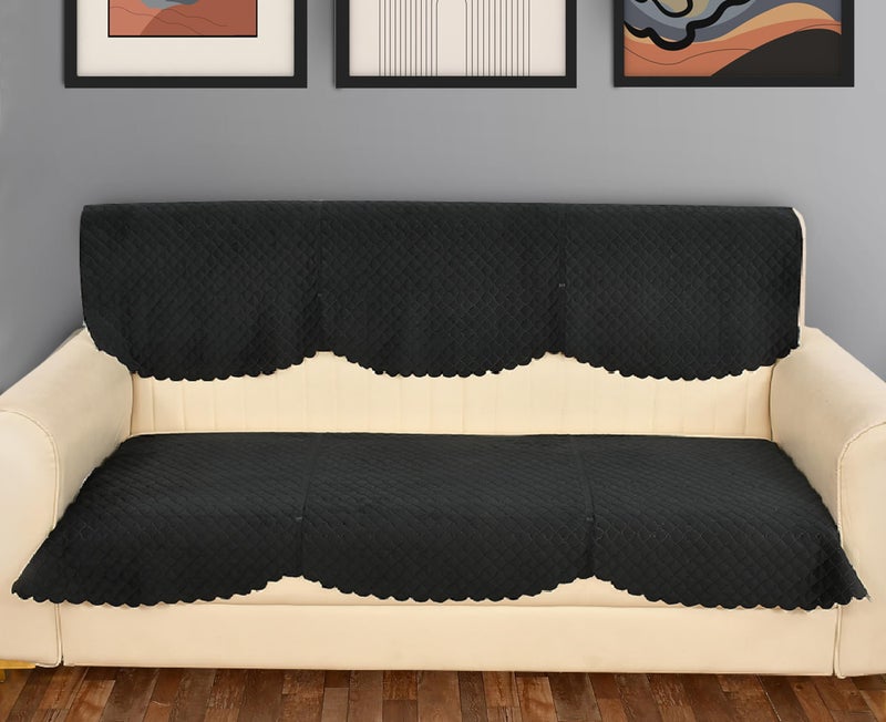 Yellow Weaves 3 Seater Self Design Quilted Sofa Cover, Seat & Back Cover, Color - Black - Velvet - Image 1
