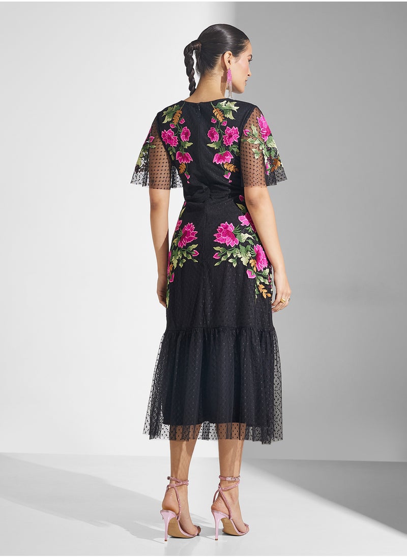 Frock and Frill - Embellished V-Neck Midi Dress - Image 1