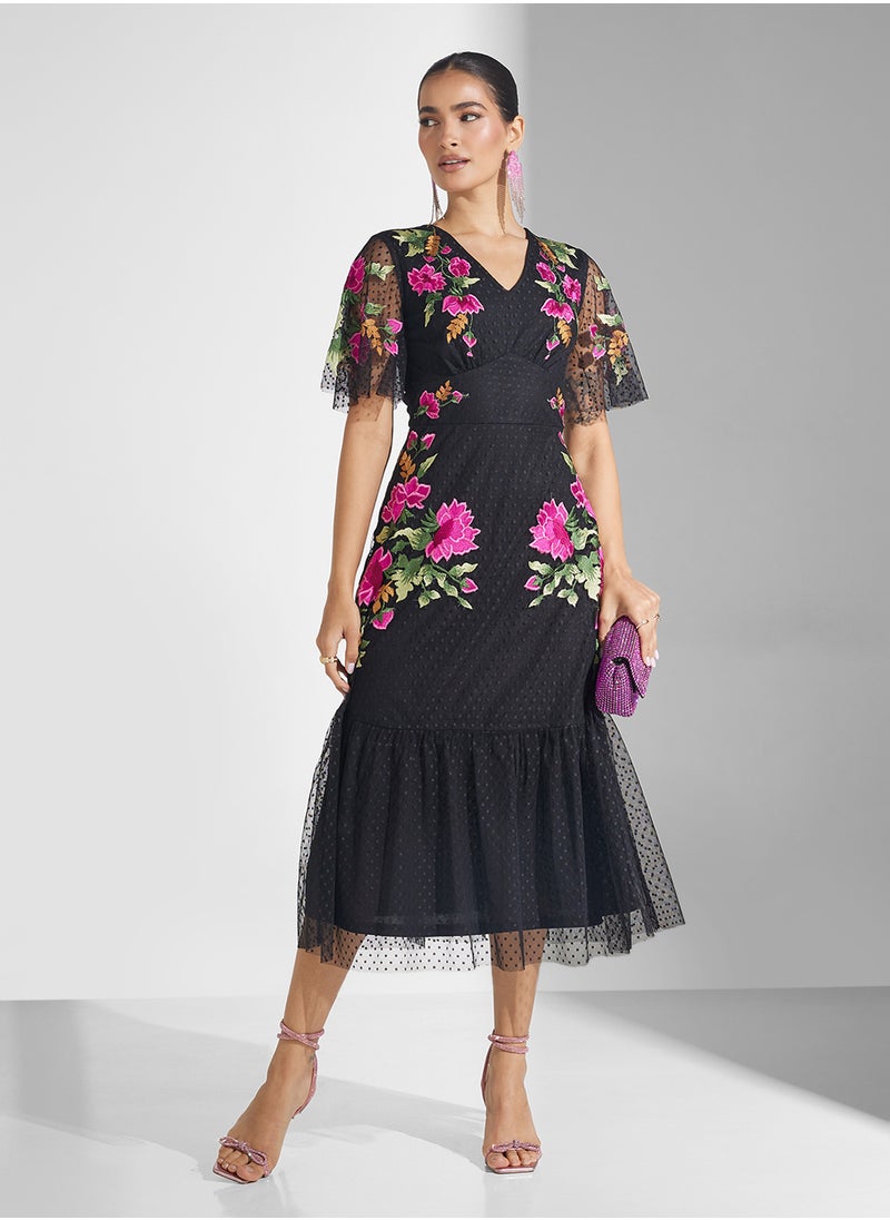 Frock and Frill - Embellished V-Neck Midi Dress - Image 1