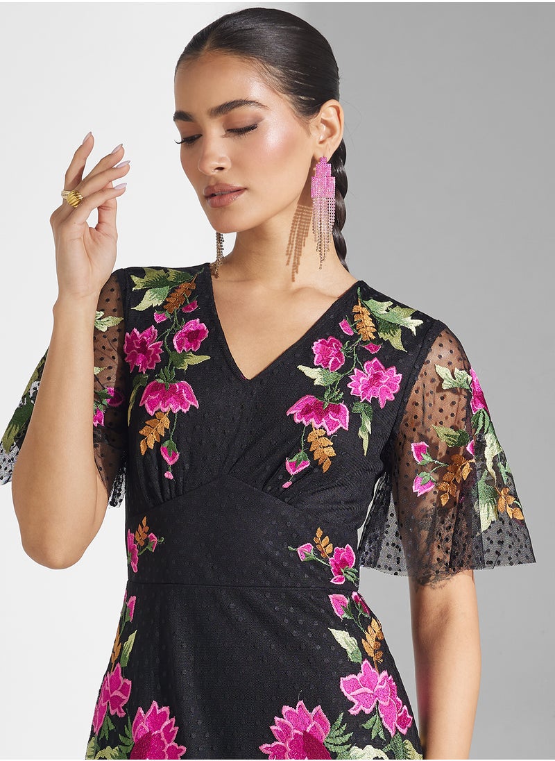 Frock and Frill - Embellished V-Neck Midi Dress - Image 1