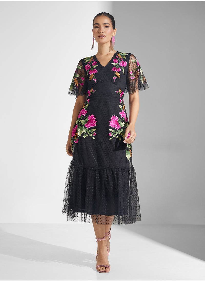 Frock and Frill - Embellished V-Neck Midi Dress - Image 1