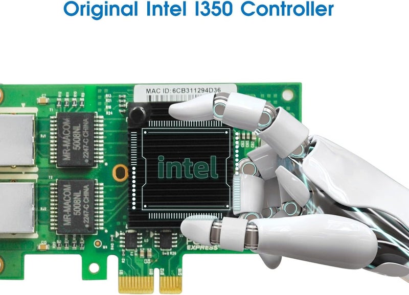 بطاقة شبكة نطاق غيغابت من NALACAL مزودة بشريحة Intel I350 ومنفذين RJ45 مزدوجين، بتقنية PCI Express 2.1، وتتميز بتصميم منخفض الارتفاع، مناسبة لأنظمة Windows/Windows Server/Linux. مقارنة ببطاقة الشبكة Intel I350-T2. - Image 3