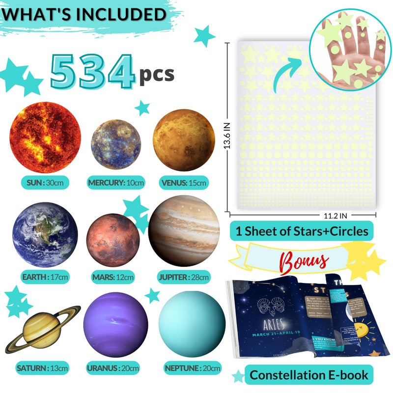 LUMOSX Glow in The Dark Stars and Planets - 534 pcs with Constellation E-Book | Solar System Wall Decal, Planet Wall Decals, Space Wall Stickers, and Space Wall Decals for Kids Room Decor (Green) - Image 3