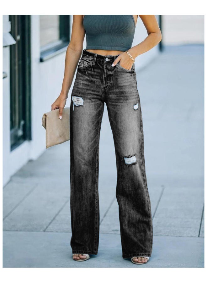 Autumn And Winter New Street Trendy Straight Pants Ripped Jeans For Women