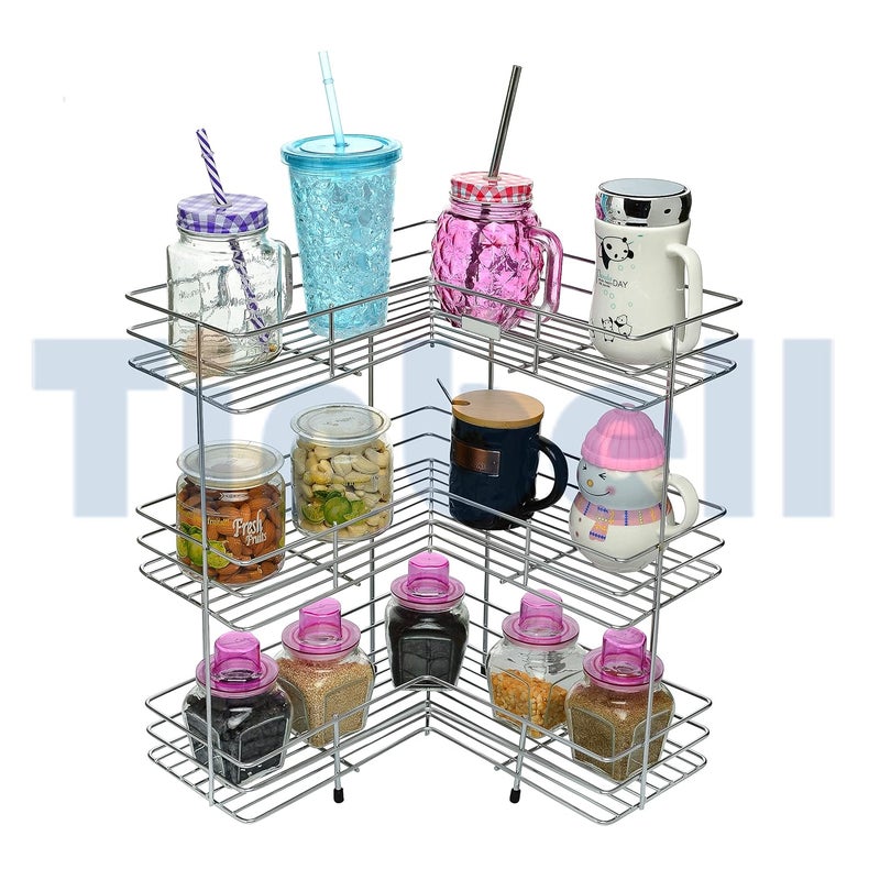 Tinbell Stainless Steel Kitchen Storage Shelf Multipurpose Kitchen Rack for Storage Highly Durable and RustFree Chrome Finish 3 Shelf LShape