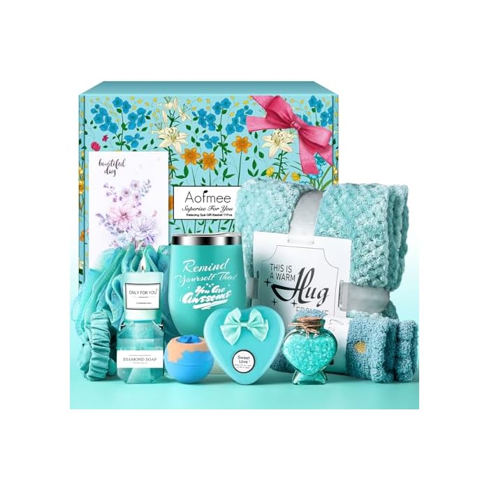 Aofmee Gifts Basket for Mother Wife Grandma Daughter Friends Sister, Happy Birthday Gifts for Women Mom Her, Blue Self Care Spa Relaxing Baskets for Birthday Mothers Day Christmas Valentines