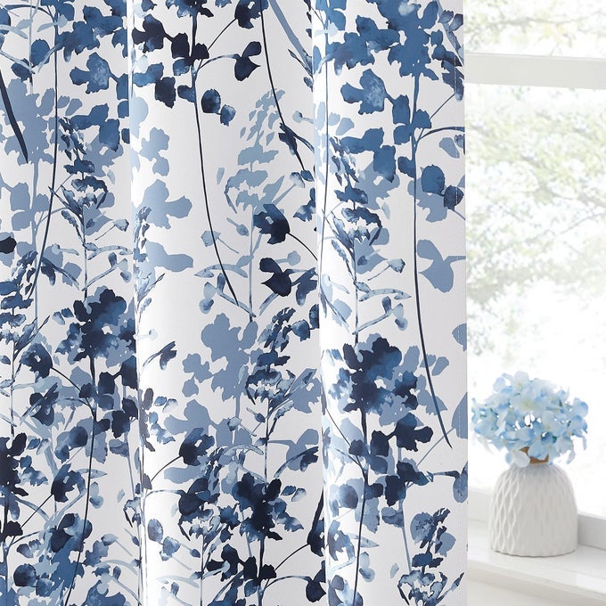 ROOM DARKENING CURTAINS DRAPES NATURAL PRINTED PATTERN THERMAL EFFICIENCY DRAPERIES FOR LIVING ROOM FARMHOUSE CABIN GARDEN BEDROOM WINDOW DECOR 2 PCS W 52 X L 45 BLUE