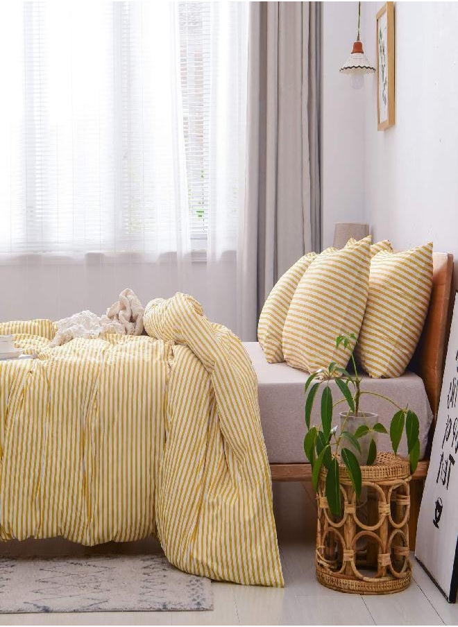 JELLYMONI JELLYMONI 100% Natural Cotton 2pcs Striped Duvet Cover Sets, White Duvet Cover with Yellow Stripes Pattern Printed Comforter Cover with Zipper Closure & Corner Ties(Twin Size)  - Image 3