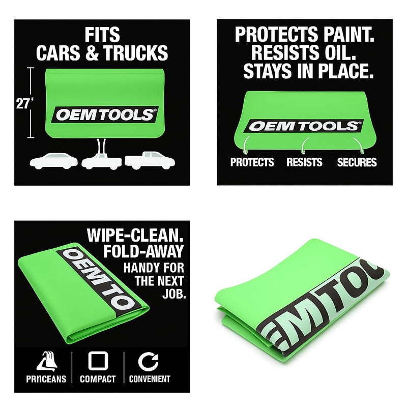 OEMTOOLS 24902 Green Vinyl Fender Cover, 27" x 34" Vehicle Repair Cover, Car Fender Protector for Mechanics, Mat Holds Tools in Place, Chemical Resistant Heavy Gauge Vinyl Protects Surfaces - Image 2