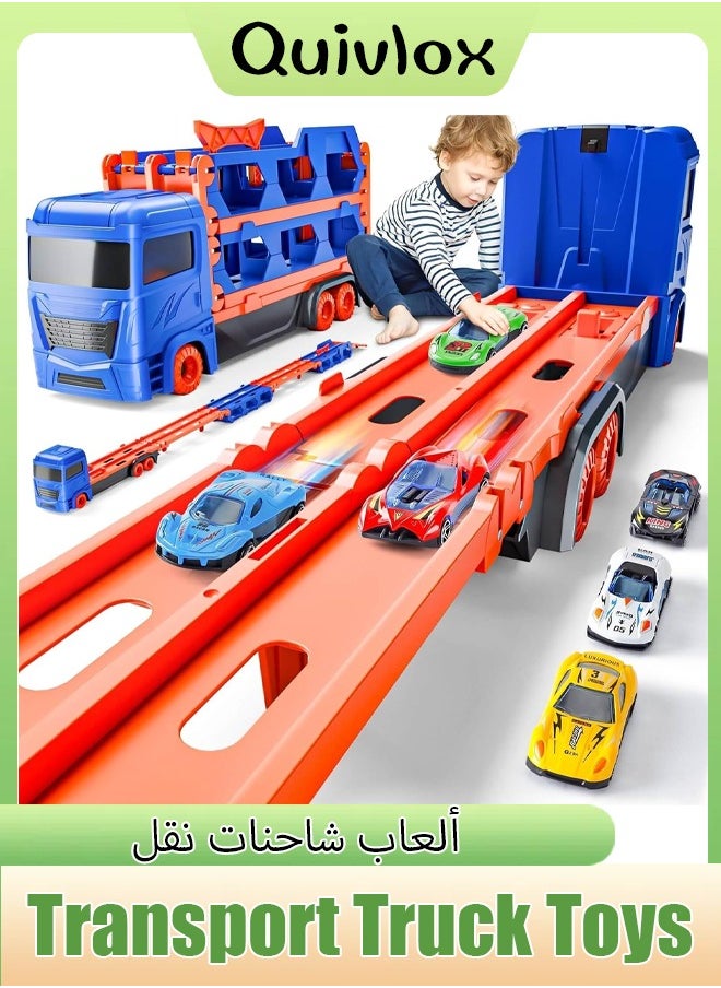 Quivlox - Toddler Transport Truck Toy for 2 3 4 5 6 Years Old Boys, 64-Inch Foldable Car Race Track for Boys Kids, Carrier Truck Race Track Toddlers Toys,Foldable 2 Layer Track Playset, 9 in 1 Die-Cast Car Carrier Truck Toy for Boys and Girls Gift - Image 1