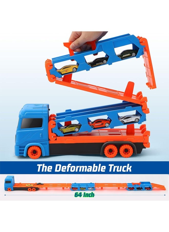 Quivlox - Toddler Transport Truck Toy for 2 3 4 5 6 Years Old Boys, 64-Inch Foldable Car Race Track for Boys Kids, Carrier Truck Race Track Toddlers Toys,Foldable 2 Layer Track Playset, 9 in 1 Die-Cast Car Carrier Truck Toy for Boys and Girls Gift - Image 1